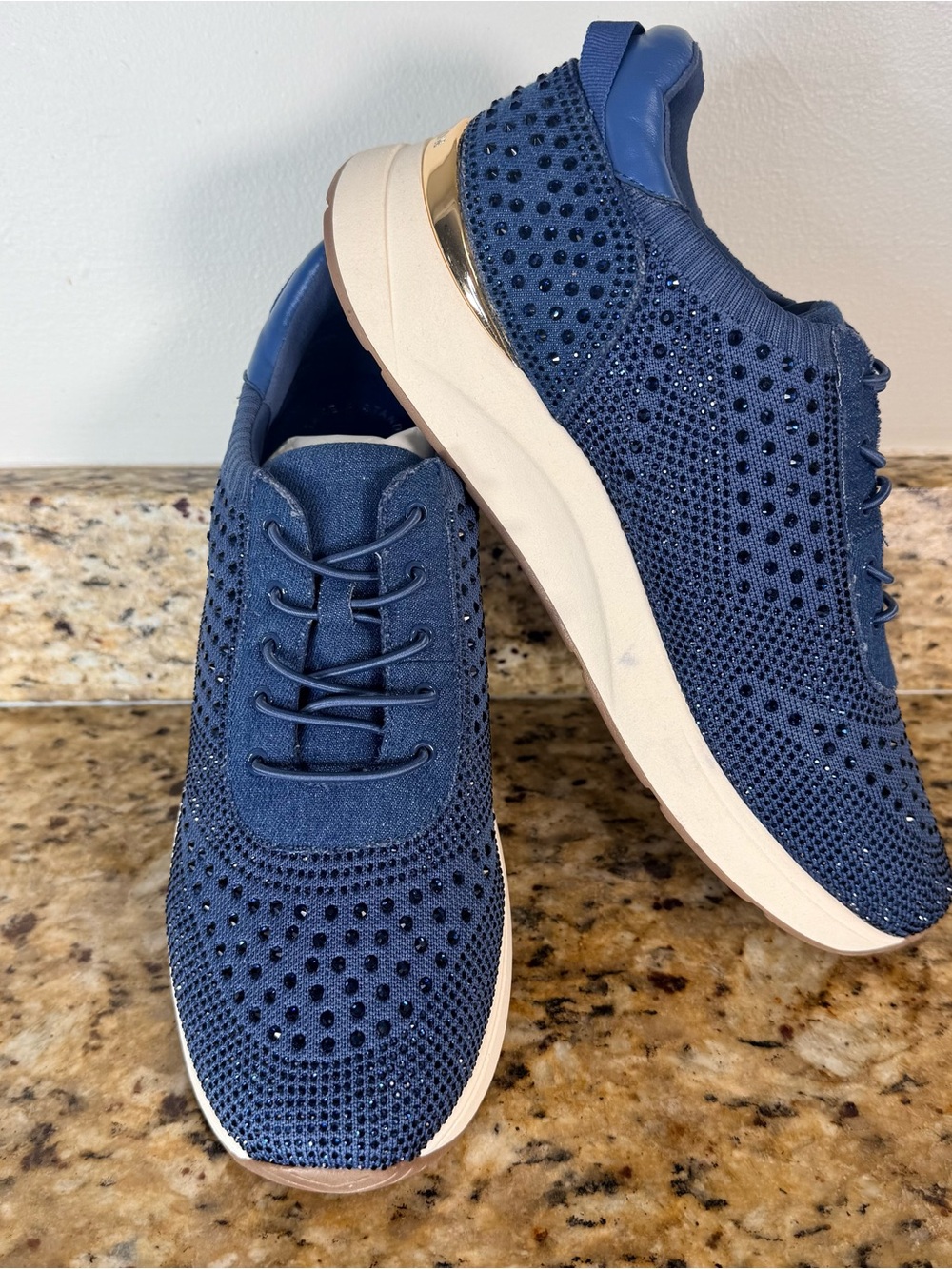 Kenneth Cole Women's Cindy Knit Stretch Jewel Rinestone Sneaker Navy Blue Sz 12